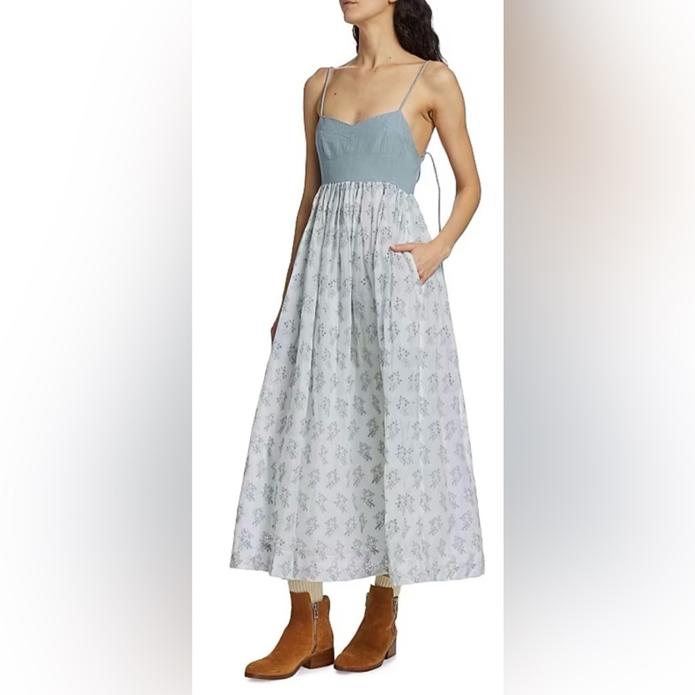 The Great. The Camelia Maxi Dress Low Cut Cotton Eyelet Ash Blue Grey Size L NWT